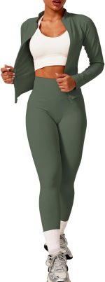 Women's 2pcs Workout Sets Yoga Outfit Long Sleeve Activewear Zip Up Top Workout Leggings Fitness Sportswear - Image 4