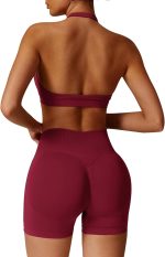 Seamless Workout Sets for Women 2 Piece Halter Backless Sports Bras Hidden Scrunch Shorts Yoga Outfits Gym Tracksuit - Image 2